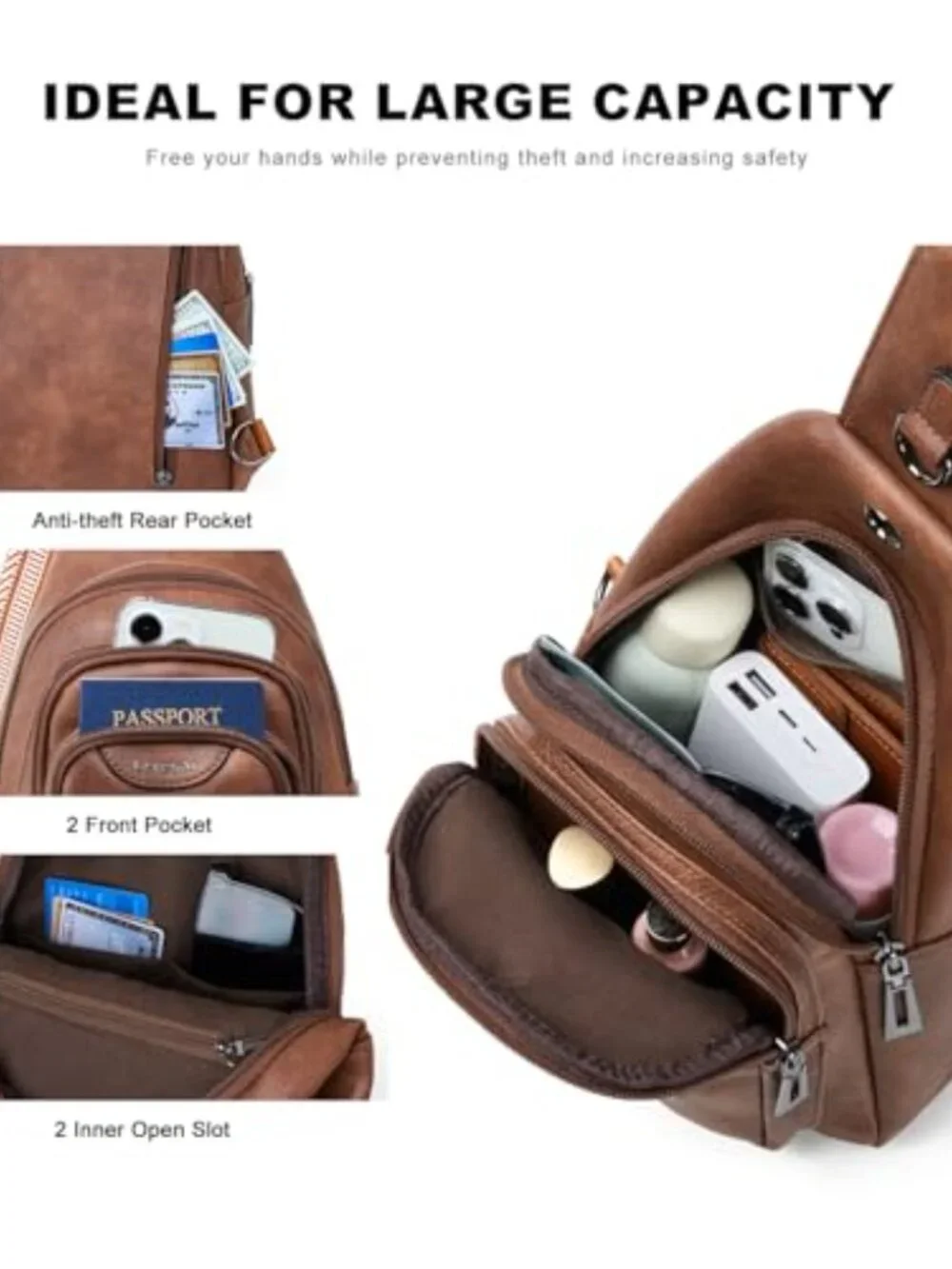 Faux Leather Anti Theft Crossbody Sling Bag 10L Travel Purse